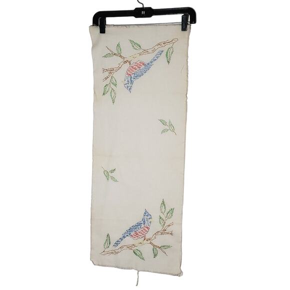 VINTAGE 1960s STAMPED BLUE JAY BIRD EMBROIDERED TABLE RUNNER PARTLY FINISHED - Picture 5 of 8